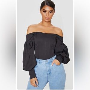 NWT | Pretty Little Thing | Black Bardot Balloon Sleeve Corset Top | Size US 12
